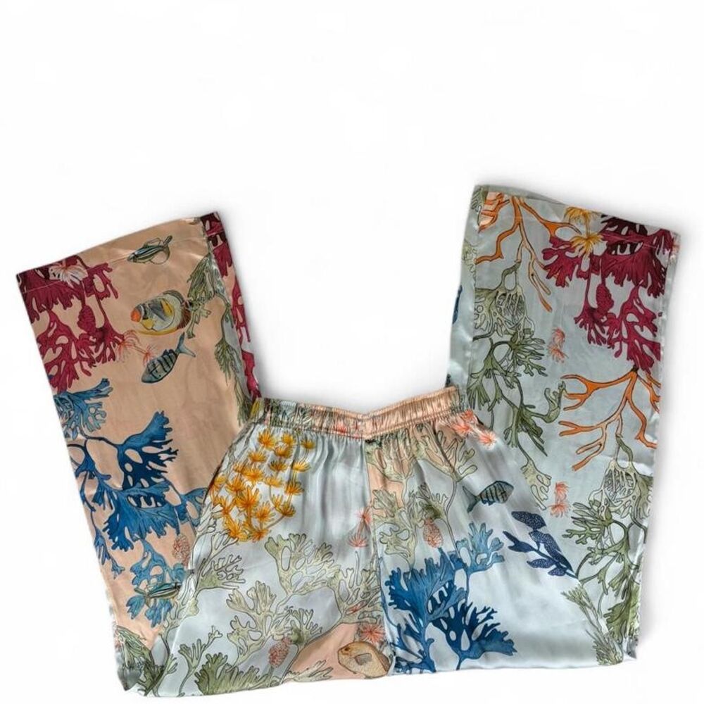 Vibrant ocean print silky viscose pants by Lyrebird from Anthropologie